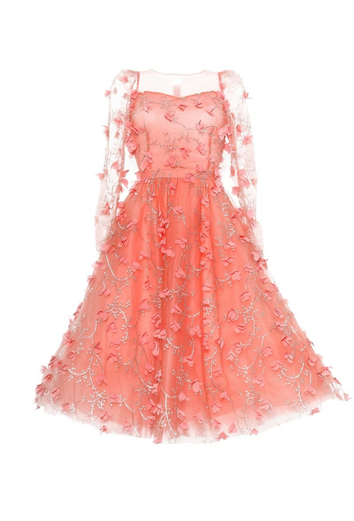 Коктейльное платье персиковое из сетки с вышивкой 63-16SS