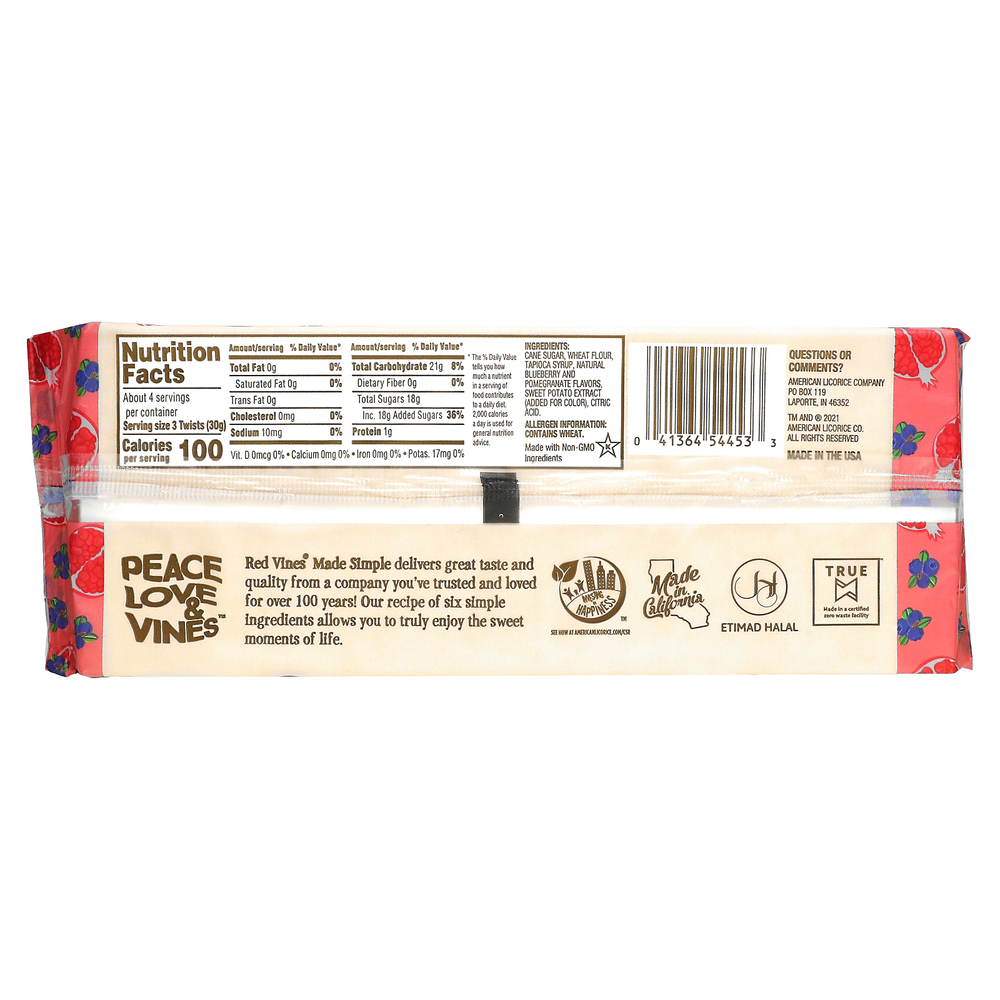 Red Vines, Солодка, Made Simple, голубика и гранат, 113 г (4 унции)