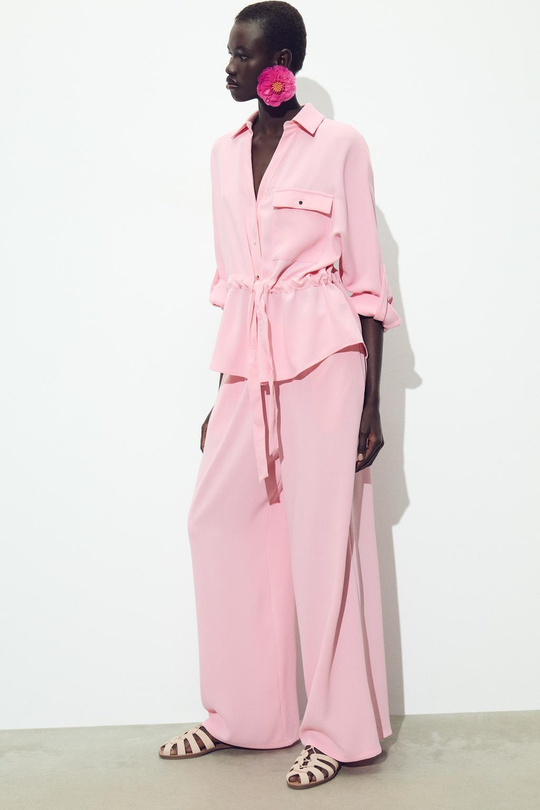 ZARA БРЮКИ WIDE LEG ИЗ КРЕПА, РОЗОВЫЙ