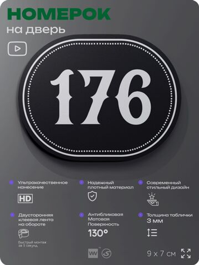Номерок на дверь квартиры 176, для кабинета, офиса, шильдик 9 х 7 см, черный, Айдентика Технолоджи