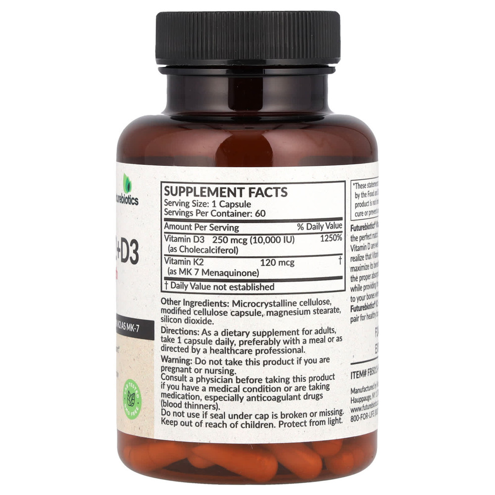 Futurebiotics, витамины K2 и D3, повышенная сила действия, 60 капсул