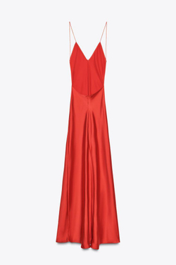 ZARA ДЛИННОЕ АТЛАСНОЕ ПЛАТЬЕ С ОТКРЫТОЙ СПИНОЙ, ЯРКИЙ КРАСНЫЙ