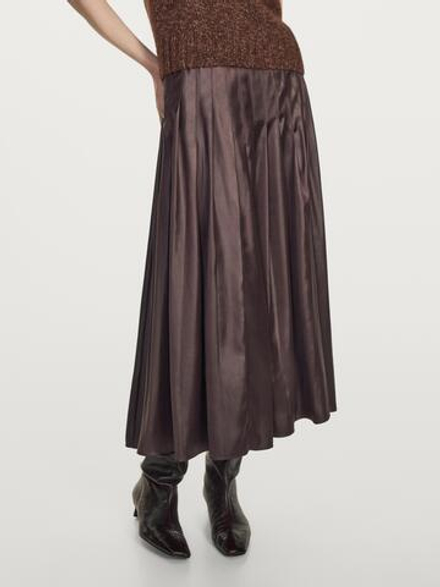 Massimo Dutti Юбка миди с защипами и вощеной отделкой, баклажанный