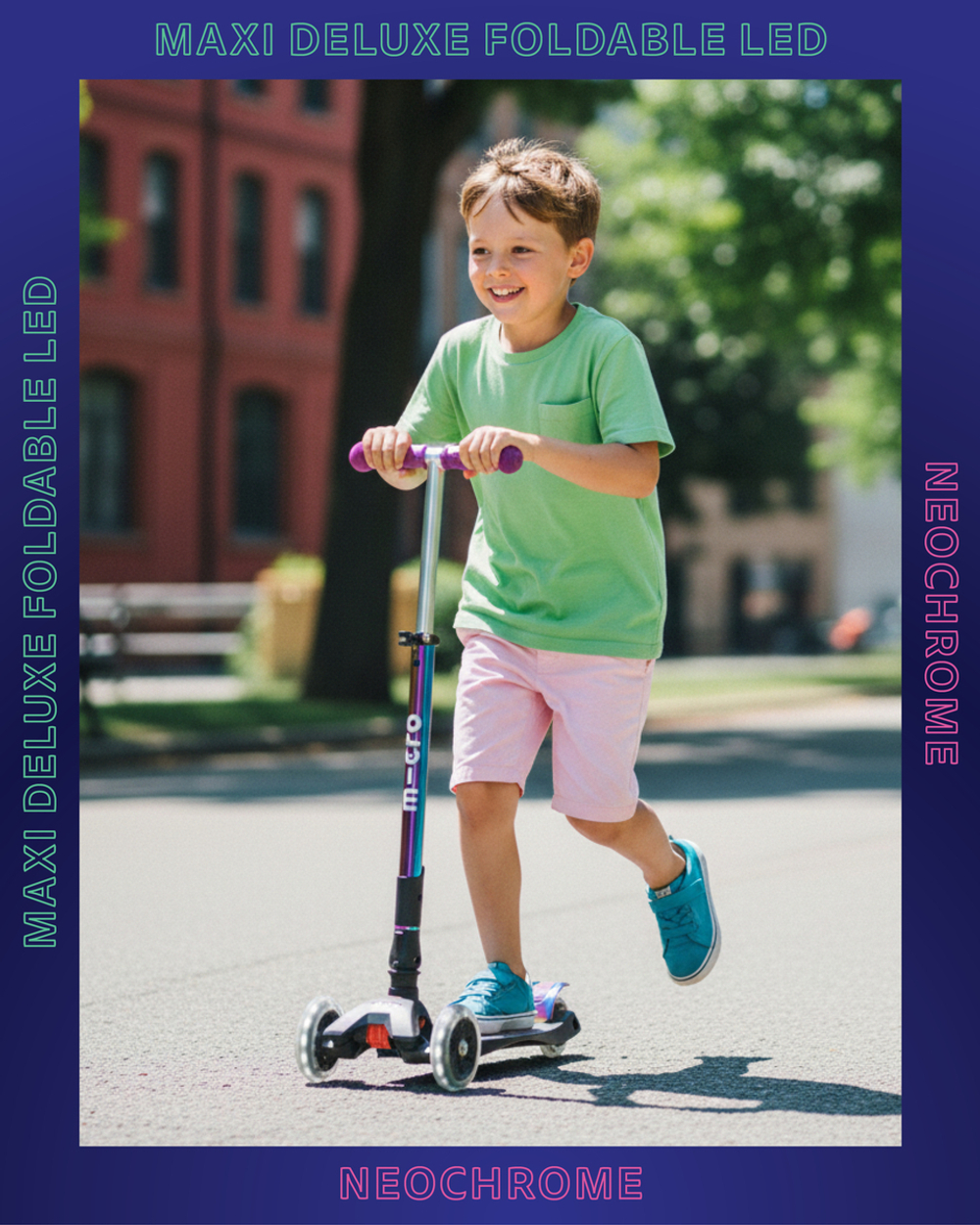 Самокат Maxi Micro Deluxe LED складной, неохром зеленый