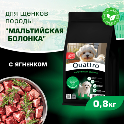 Корм сухой для щенков породы Мальтийская болонка, премиум полнорационный комплекс, с ягненком, 800 гр, QUATTRO