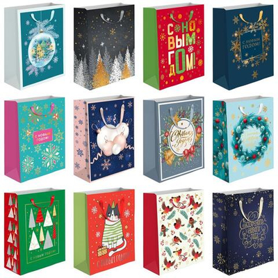 Пакет бумажный подарочный новогодний, тиснение фольгой 20x24x11,5 см (Академия Групп)