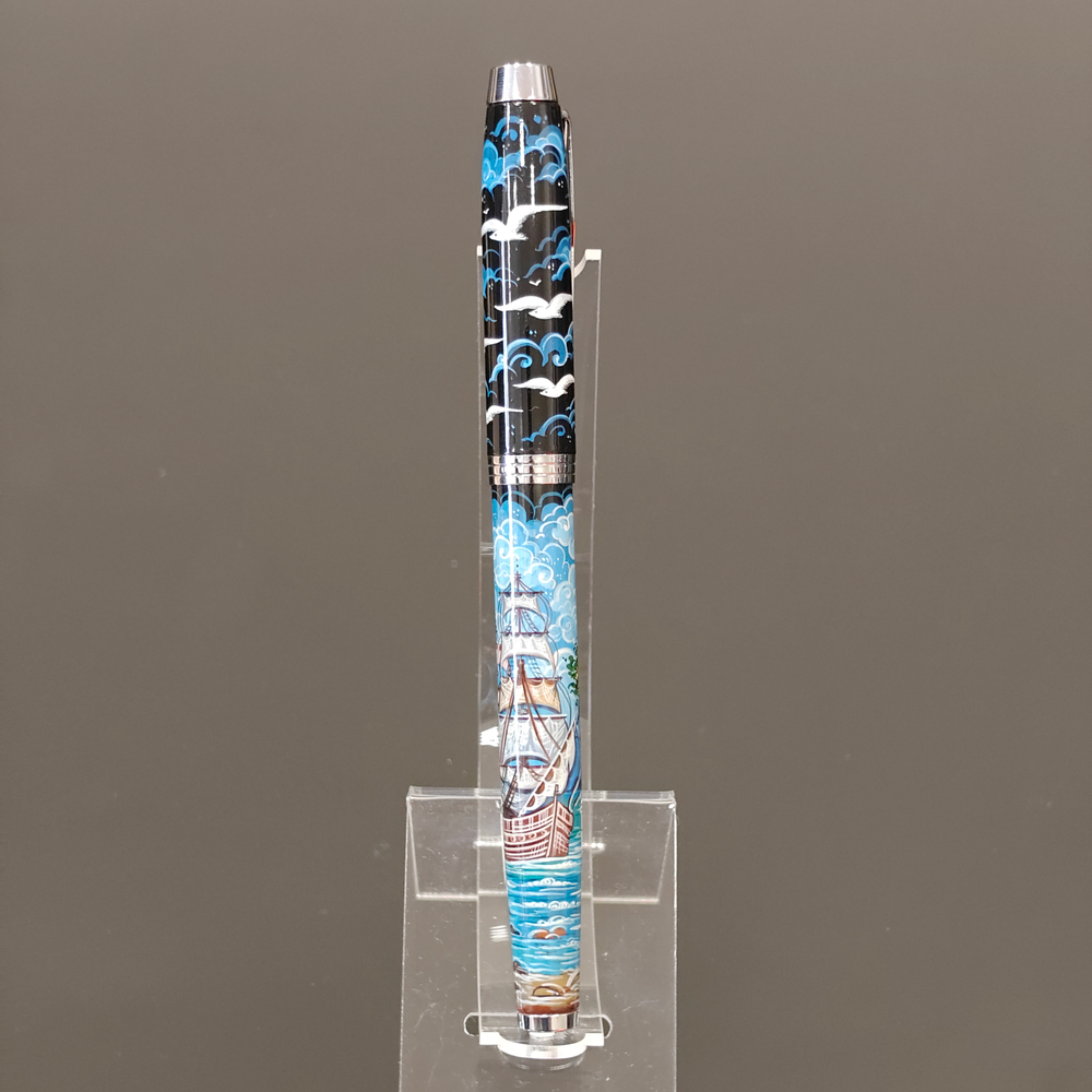 Ручка с колпачком с ручной росписью Палех "Парусник"