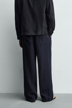 ZARA БРЮКИ СВОБОДНОГО КРОЯ ИЗ 100% ЛЬНА С РЕМНЕМ, МОРСКОЙ СИНИЙ