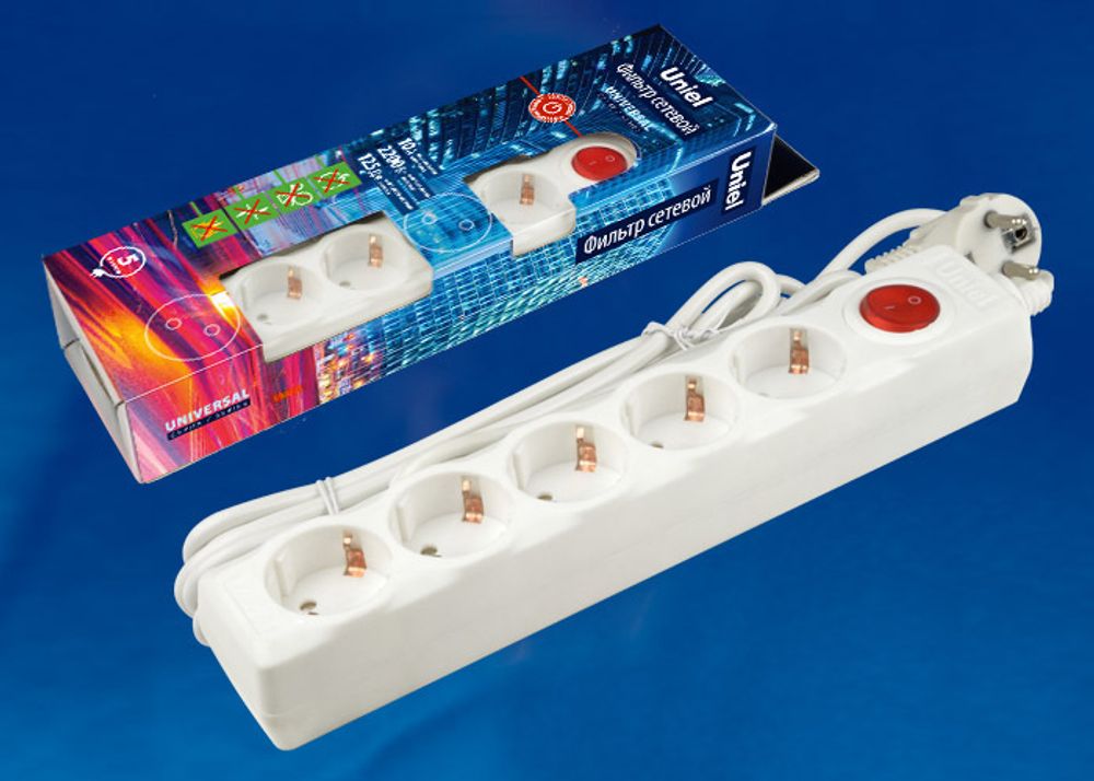 S-GSU5-5 WHITE Cетевой фильтр серии Universal, 5м (Пвс 3*0,75), 5 гнезд, с/з. 10А. Защита от перенапряжения, короткого замыкания. TM Uniel.