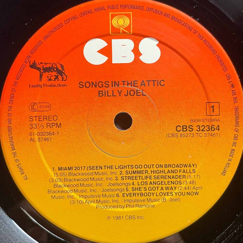 Billy Joel ‎– Songs In The Attic (Европа 1981г.)