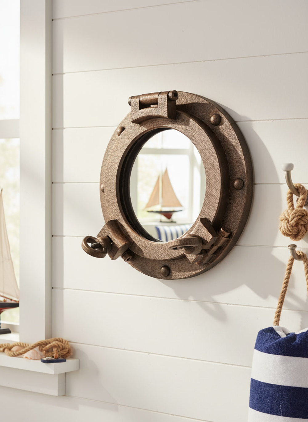Зеркало-иллюминатор WOODandROOT с латунной патиной в морском стиле, белая стена, рядом канат и миниатюра парусника.