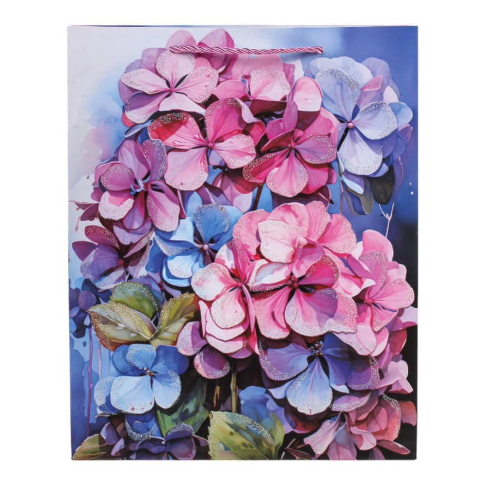 Пакет подарочный "Гортензия" 25*32*11см,глитт,ручки-шнурок,4 диз.микс