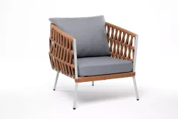 "Диего" кресло плетеное из роупа, каркас алюминий светло-серый (RAL7035) муар, роуп оранжевый меланж круглый, ткань светло-серая