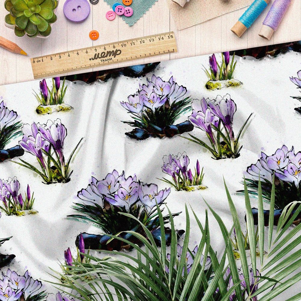 Ткань поплин голубые цветы в кустах