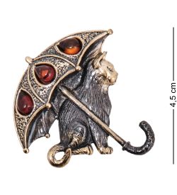 AM- 500 Брошь «Кошка Дождик» (латунь, янтарь)