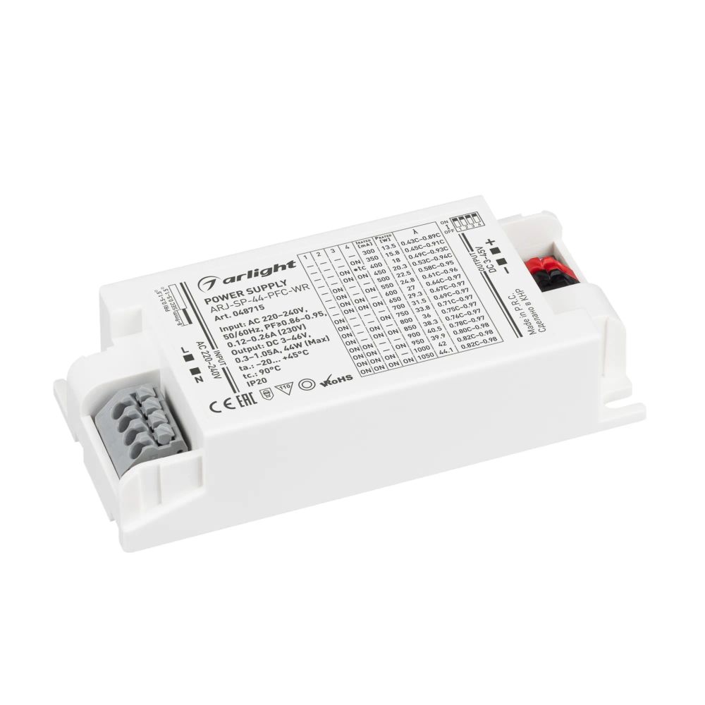 Блок питания ARJ-SP-44-PFC-WR (44W, 3-45V, 0.3-1.05A) (Arlight, IP20 Пластик, 5 лет) 048715