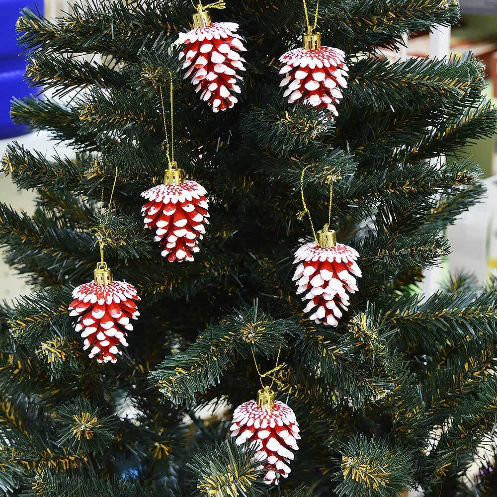 Елочные игрушки 6шт 6см "Шишка", красная с белой каймой