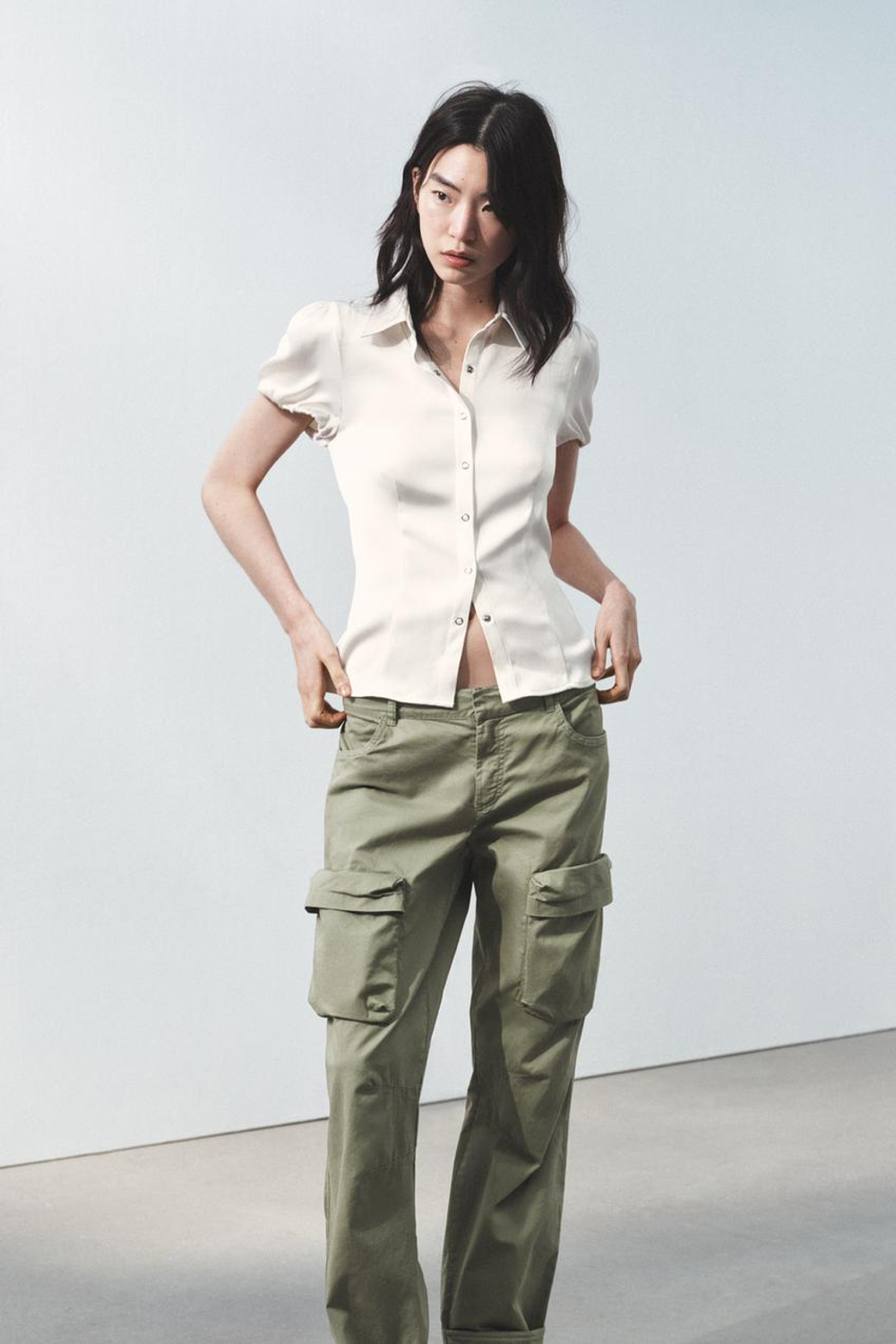 ZARA АТЛАСНАЯ РУБАШКА, ЖЕЛТОВАТО-БЕЛЫЙ