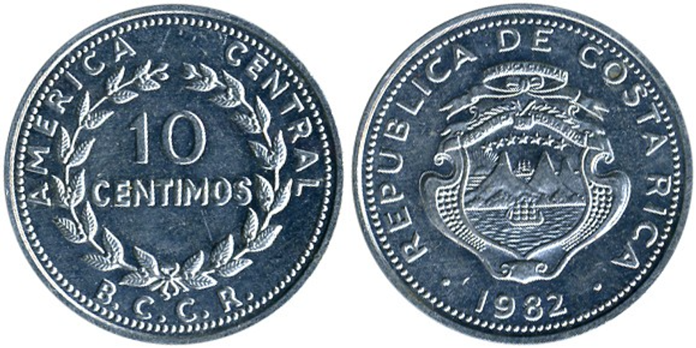 Коста-Рика 10 сентимо, 1982 Герб XF