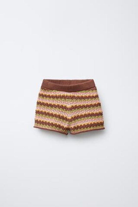 ZARA ТРИКОТАЖНЫЕ ШОРТЫ В РАЗНОЦВЕТНУЮ ПОЛОСКУ, ШОКОЛАДНЫЙ