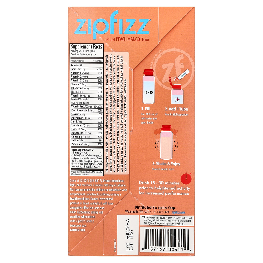 Zipfizz, Energy Drink Mix, персик и манго, 20 тюбиков по 11 г (0,39 унции)