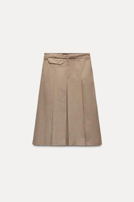 ZARA ЮБКА МИДИ В КЛЕТКУ СО СКЛАДКАМИ, БЕЖЕВО-КОРИЧНЕВЫЙ