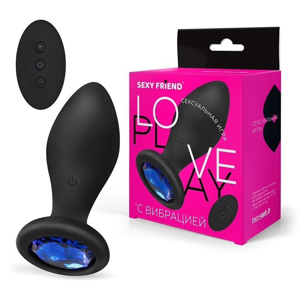Черная вибровтулка с синим кристаллом и пультом ДУ - 9 см. (Цвет: синий)