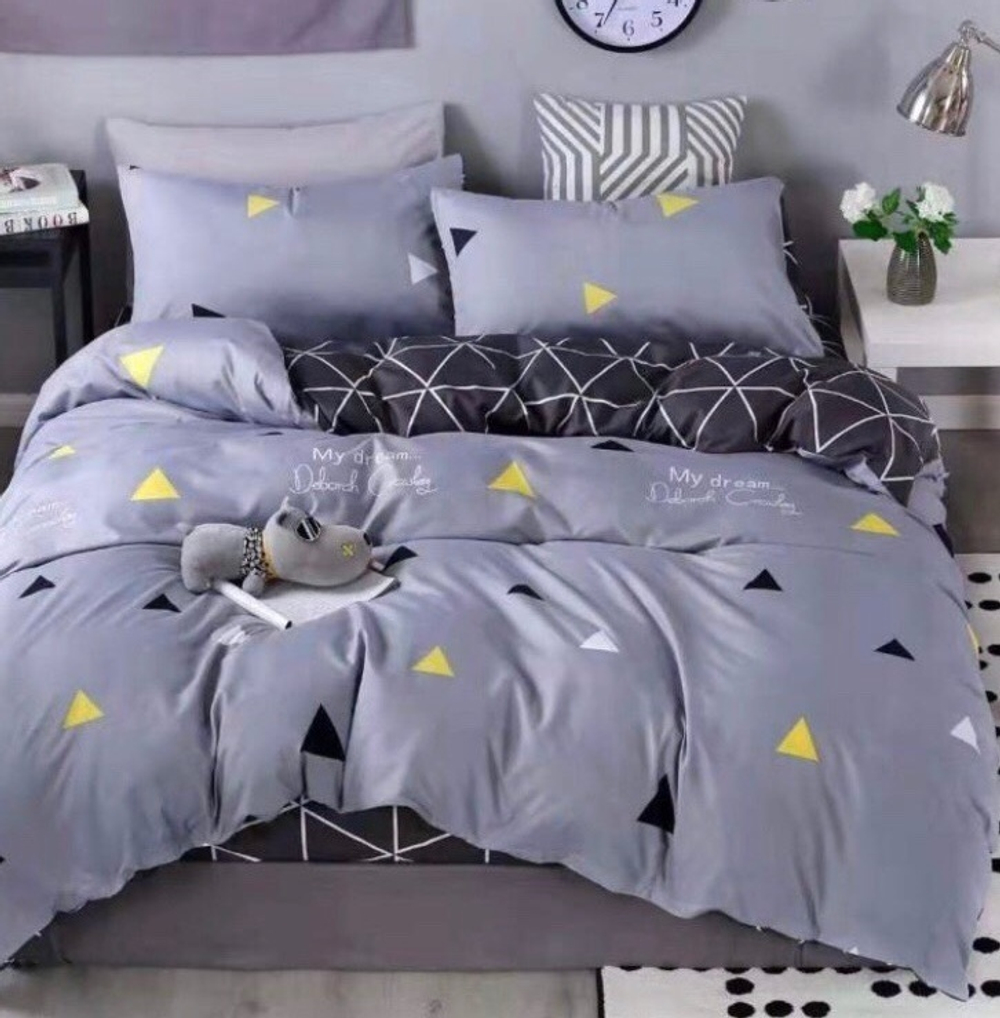 2-спальное постельное белье из сатина Серое с треугольниками