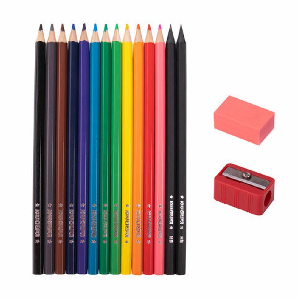 Карандаши цветные ЮНЛАНДИЯ "МОНСТРИК", НАБОР 12 цветов + 2 чернографитных карандаша + ластик + точилка, заточенные, шестигранные, 181690