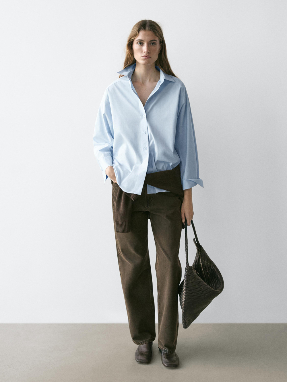 Massimo Dutti Рубашка из поплина с рукавами реглан, небесно-голубой