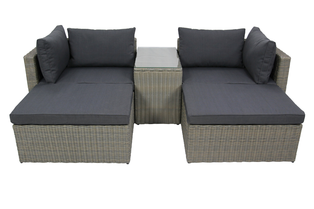 Набор мебели Garden Story Драмен 1 уп. (стол, 2 угл.кресла, 2 пуфа, ротанг серо-корич, подушки серые)
