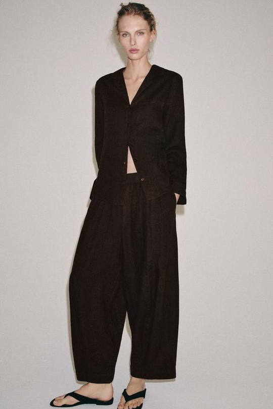 ZARA БРЮКИ BARREL ИЗ ЛЬНА — ZW COLLECTION, КОРИЧНЕВЫЙ