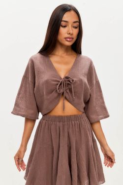 Блуза с завязками из хлопка stone wash шоколадного цвета