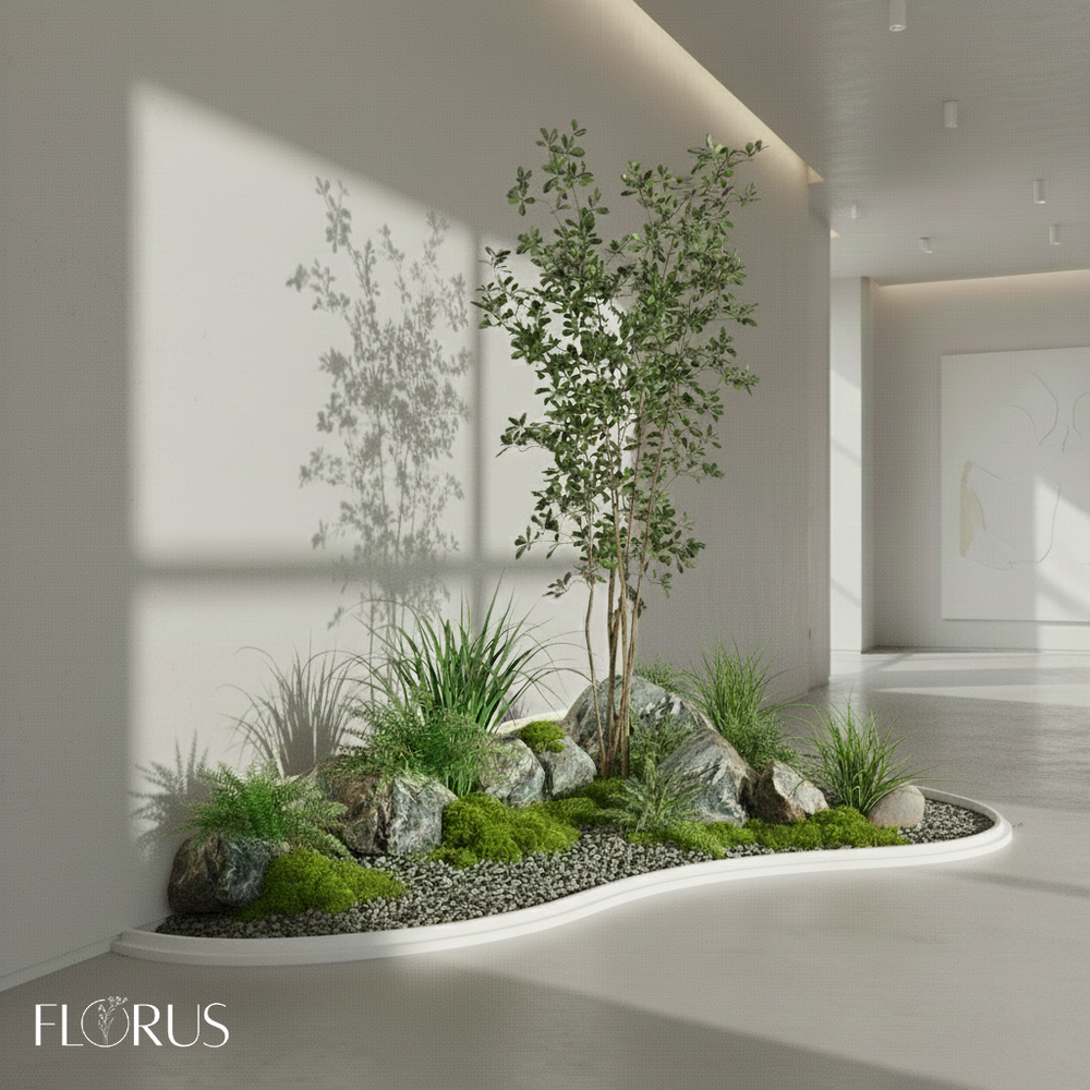 Напольная композиция в стиле сканди с чёрной оливой 210 см, длина 1,8–2 м