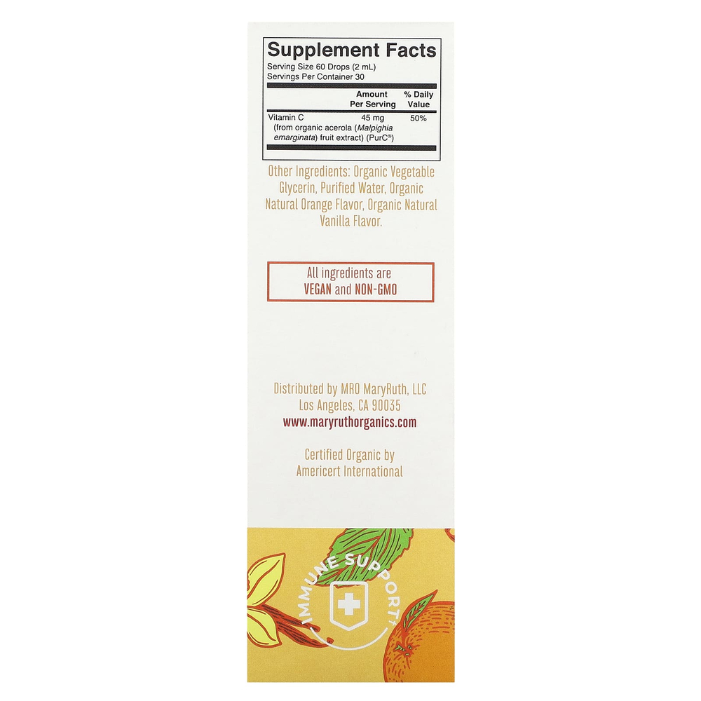 MaryRuth's, Organic Kids Vitamin C, жидкие капли, для детей от 4 до 13 лет, с апельсином и ванилью, 45 мг, 60 мл (2 жидк. Унции)