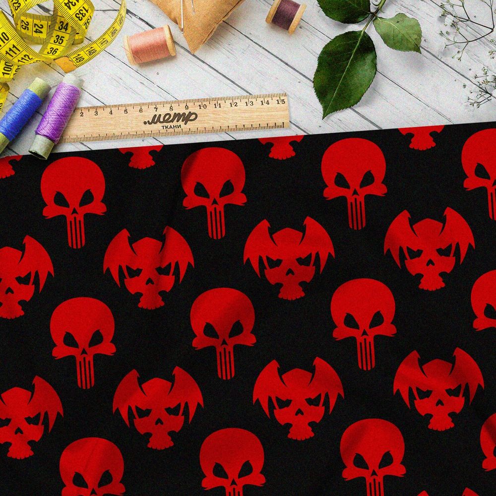 Ткань бифлекс зловещие красные черепа на чёрном фоне