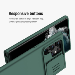 Чехол зеленого цвета (Dark Green) от Nillkin для Samsung Galaxy S22 Ultra, серия CamShield Silky Silicone с защитной шторкой для камеры