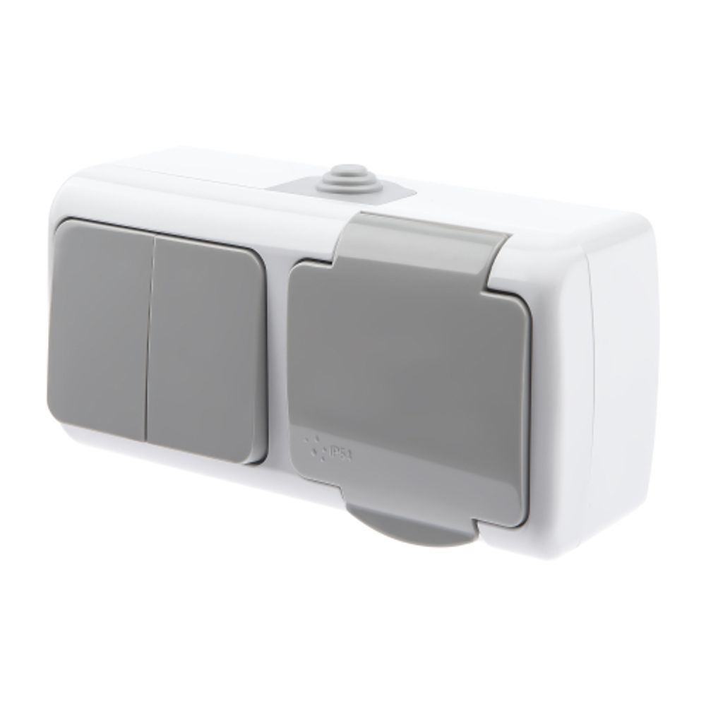 Блок розетка с выключателем Intro Atlantic 5-702-03 двойным 2P+E 10-16А-250В открытой установки гориз. IP54 серый