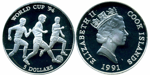5 долларов Футбол Чемпионат мира США 1994 г. О-ва Кука 1991 г.