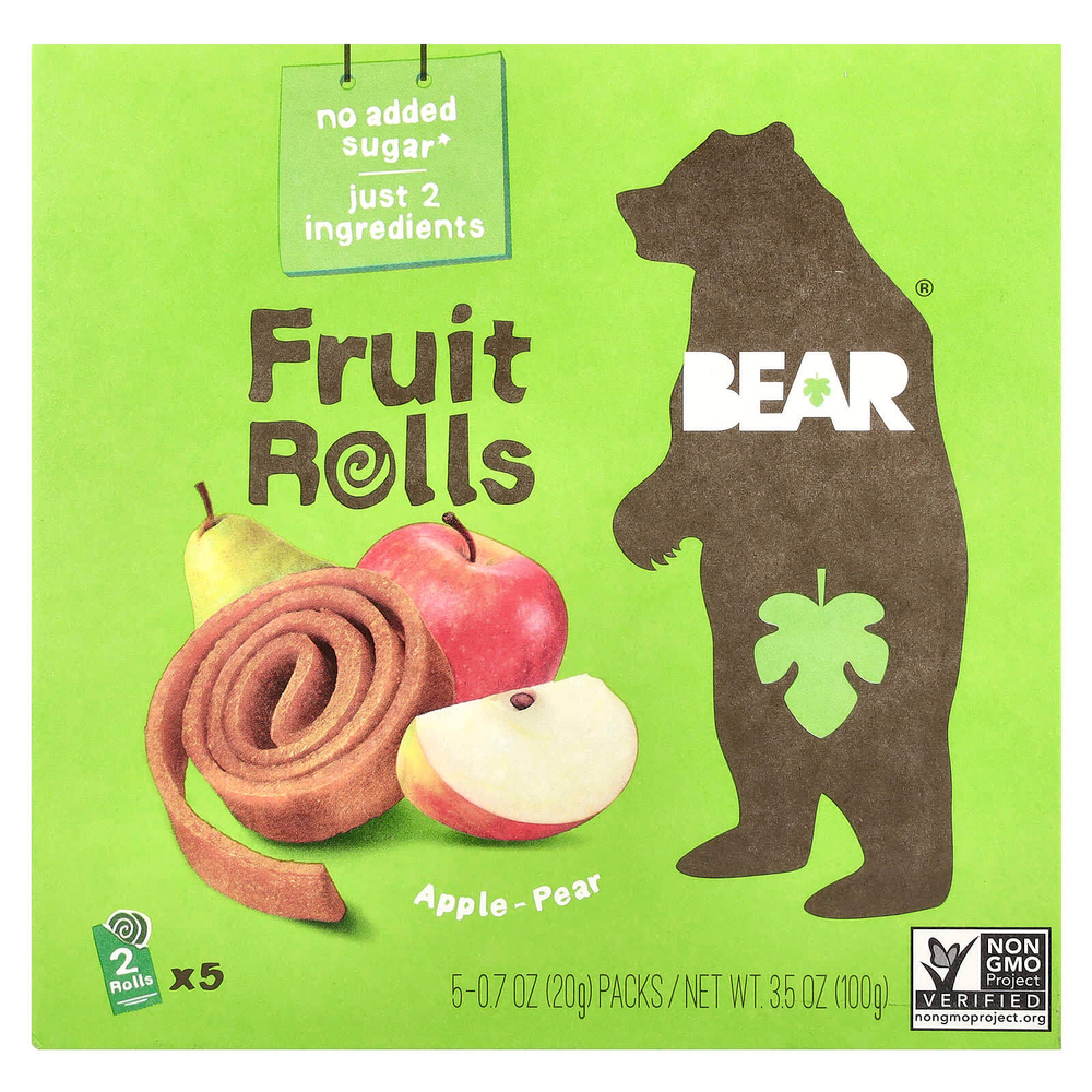 Bear, Фруктовые рулеты, яблоко-груша, 5 пакетиков по 20 г (0,7 унции)