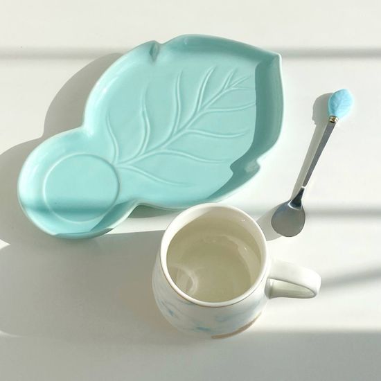 Чайная пара керамическая «Листочек», 320 мл, цвет голубой