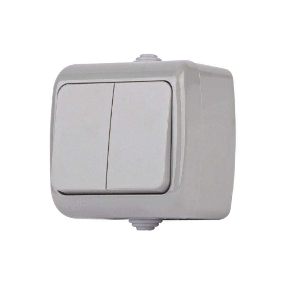 Выключатель Intro Atlantic 5-105-03 двойной с подсветкой, 10А-250В, IP54, открытой установки, серый | Intro