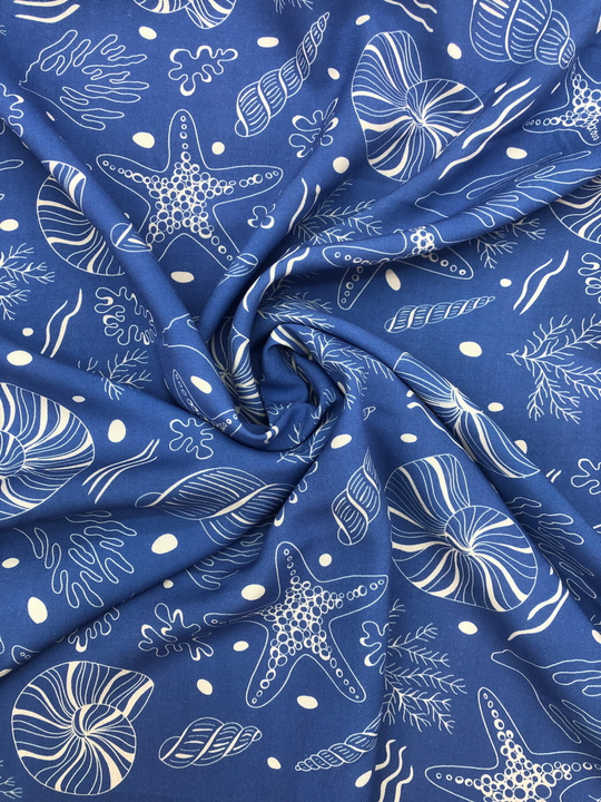 Штапель принт морская фауна на голубом BST3887