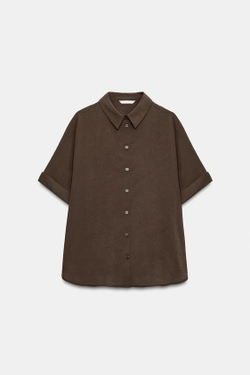 ZARA РУБАШКА СТРУЯЩЕГОСЯ КРОЯ С КОРОТКИМИ РУКАВАМИ, ТЕМНО-КОРИЧНЕВЫЙ