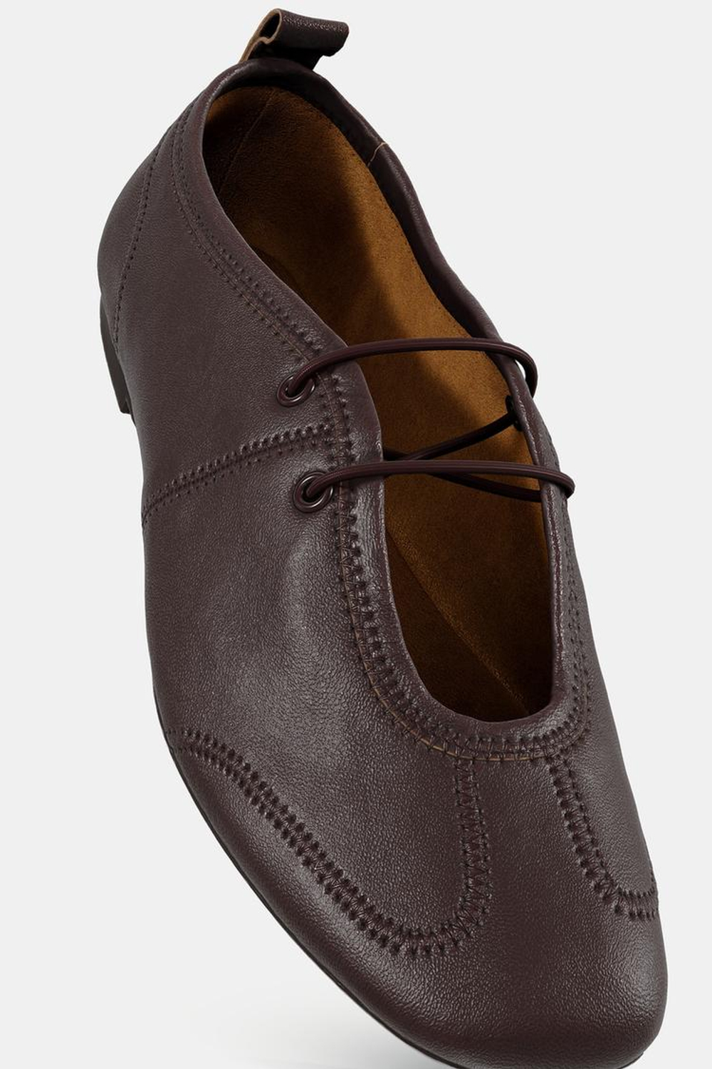 ZARA КОЖАНЫЕ БАЛЕТКИ СО ШНУРОВКОЙ, КОРИЧНЕВЫЙ