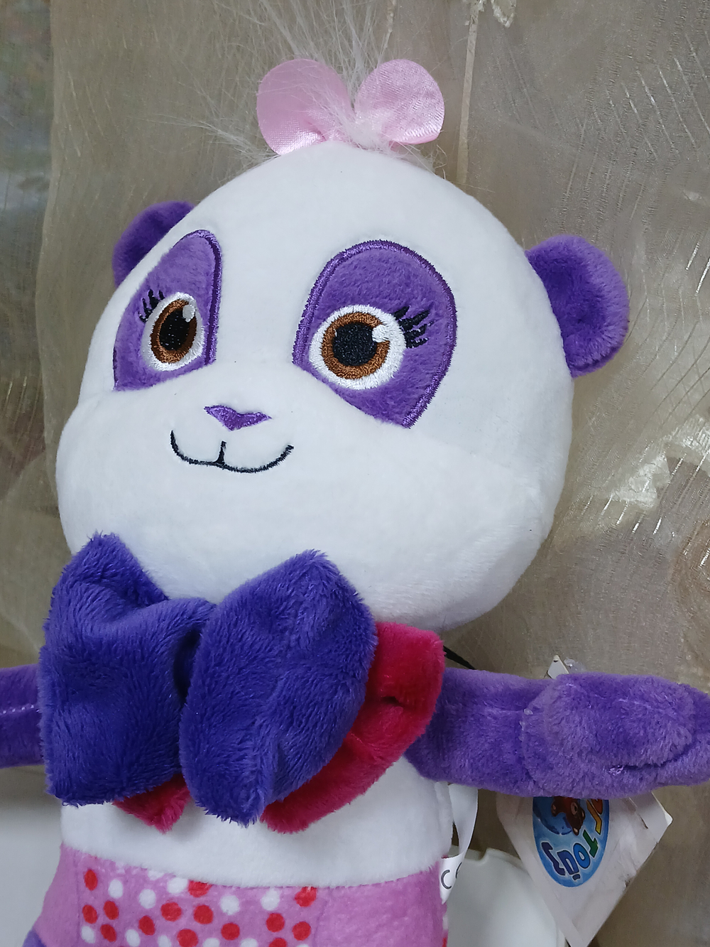 Панда с синим бантом, 26 см