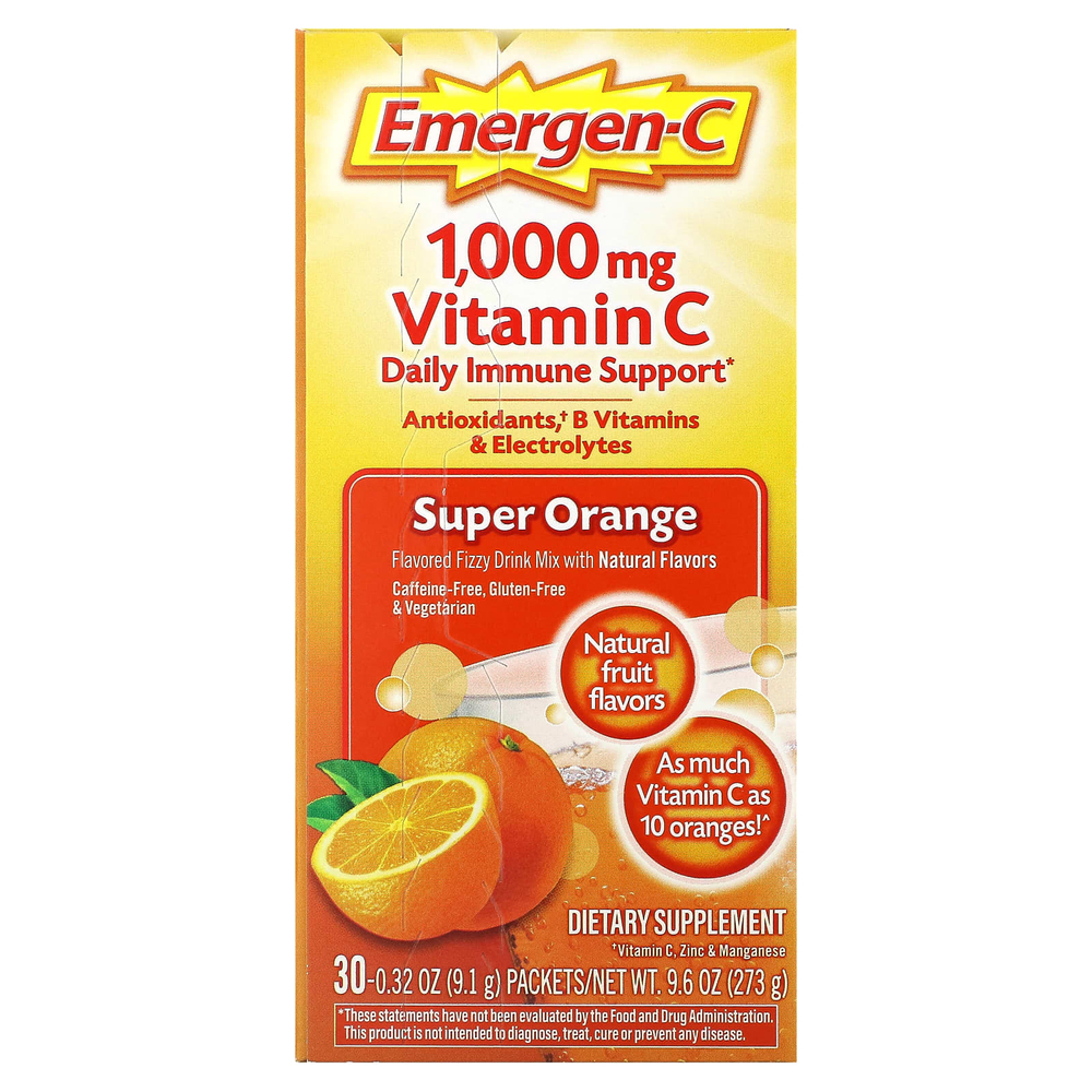 Emergen-C, Витамин C, смесь ароматизированных газированных напитков, супер-апельсин, 1000 мг, 30 пакетиков по 9,1 г (0,32 унции)