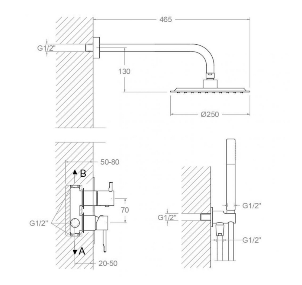Встраиваемый смеситель для душа на 2 выхода с тропическим и ручным душем ODISEA K3915121NM черный