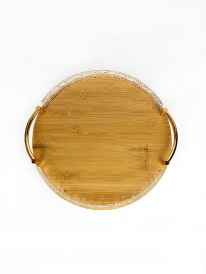 Поднос круглый 30 см. из бамбука с золотистыми ручками и бортиками из акрила