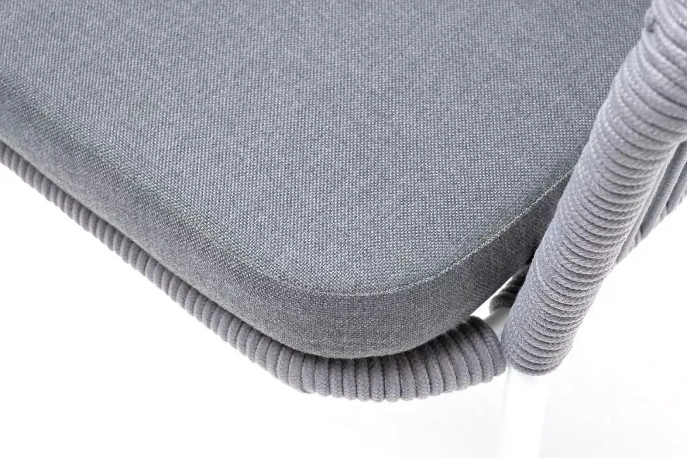 "Лион" стул плетеный из роупа, каркас из стали белый муар, роуп светло-серый круглый, ткань светло-серая